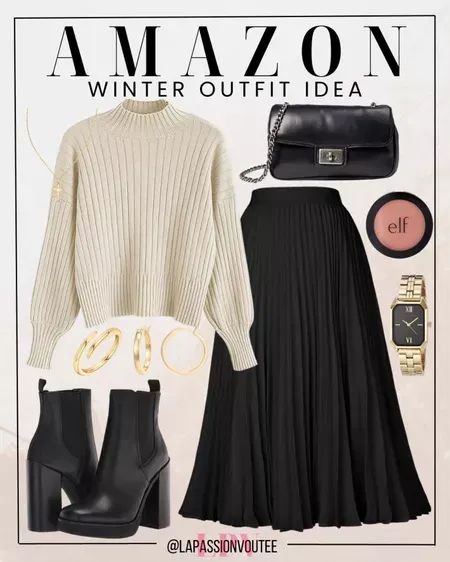 Unleash your winter glam with our Amazon ensemble: a snug long sleeve sweater paired with a flowing maxi skirt, topped off by statement boots. Accessorize with a sleek clutch, a touch of gold with a watch, earrings, and a stunning ring. Elevate your winter fashion game with this chic combo. Winter Church Outfits | Winter Casual Outfits Black Long Winter Skirt, Elegant Winter Maxi Skirt, Maxi Skirt With Boots, Glamorous Black Winter Skirt, Black Skirt Winter Outfit, Long Black Pleated Winter Skirt, Maxi Skirt Outfit Winter, Black Skirt Winter, Casual Winter Maxi Skirt, Flowy