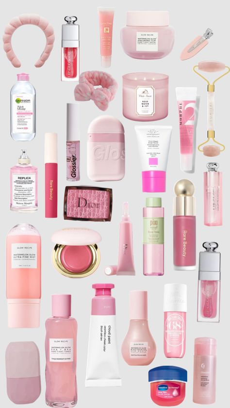 Skincare And Makeup Aesthetic, Pink Beauty Products, Skincare Preppy, Pink Skincare, Beauty Room Vanity, Wishlist Ideas, Free Beauty Samples, Makeup Bag Essentials, Skincare Samples