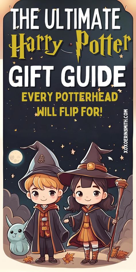 cute witch and wizard with title the ultimate harry potter gift guide every potterhead will flip for! Gift Ideas Harry Potter, Gifts For Harry Potter Fans, Harry Potter Presents, Harry Potter Gift Ideas, Harry Potter Themed Gifts, Harry Potter Christmas Gifts, Harry Potter Gift, Harry Potter Christmas, Harry Potter Gifts