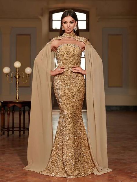 Bodycon Mermaid Dress, Sequin Tube Dress, Prom Outfit, Draped Sleeves, Formal Clothing, Golden Dress, Gold Sequin Dress, Detachable Sleeves, Prom Queens