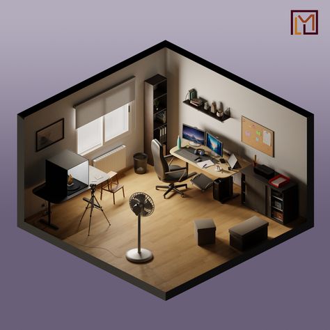 ArtStation - Isometric 3D room Isometric Rooms, Revit Tutorial, Boys Dorm Room, Photography Room, Creative Desk, 3d Isometric, 3d Room, Japanese Room, Interior Design Drawings