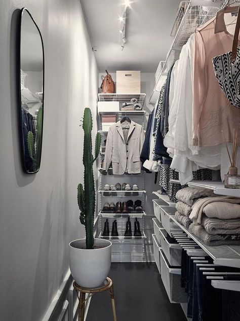 Narrow Walk In Closet, Narrow Closet Design, Narrow Closet, Organizing Walk In Closet, Small Walk In Closet, Built In Dresser, Walking Closet, White Closet, Open Closet