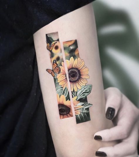 Kozo Tattoo, Colored Tattoo Design, Framed Tattoo, Famous Tattoos, Sunflower Tattoos, Tatuaje A Color, Favorite Flower, Sunflower Tattoo, Cover Up Tattoos