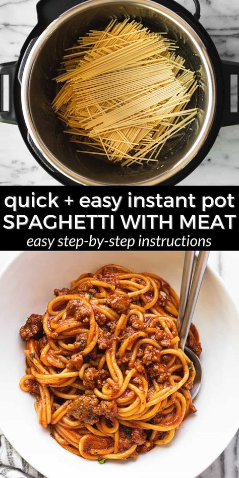 Super Easy Instant Pot Spaghetti with Meat Sauce Easy Instant Pot Spaghetti, Instant Pot Spaghetti And Meatballs, Italian Sausage Spaghetti, Pressure Cooker Spaghetti, Easy Garlic Bread Recipe, Spaghetti With Meat Sauce, Spaghetti And Meatballs Recipe, Spaghetti With Meat, Instant Pot Pasta