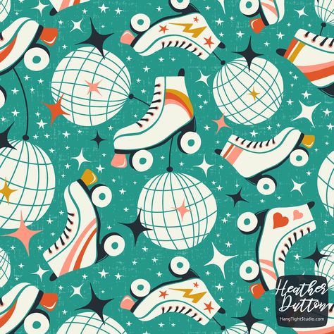 By Heather Dutton | © Hang Tight Studio

#fabric #wallpaper #homedecor #patterndesign #retro #rollerskating #surfacedesign #heatherdutton Roller Skates Wallpaper, Disco Pattern, Disco Wallpaper, Roller Disco, Aqua Art, Scale Fabric, Groovy Retro, Pattern Play, Retro Print