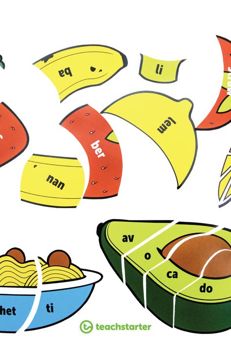 A food-themed syllable puzzle for your students to consolidate their knowledge of syllables in words! Preschool Syllables Activities, Syllable Segmentation Activities, Phonological Awareness Preschool, Food Games For Kids, Phonological Awareness Games, Eyfs Phonics, Syllable Games, Phonics Videos, Syllables Activities