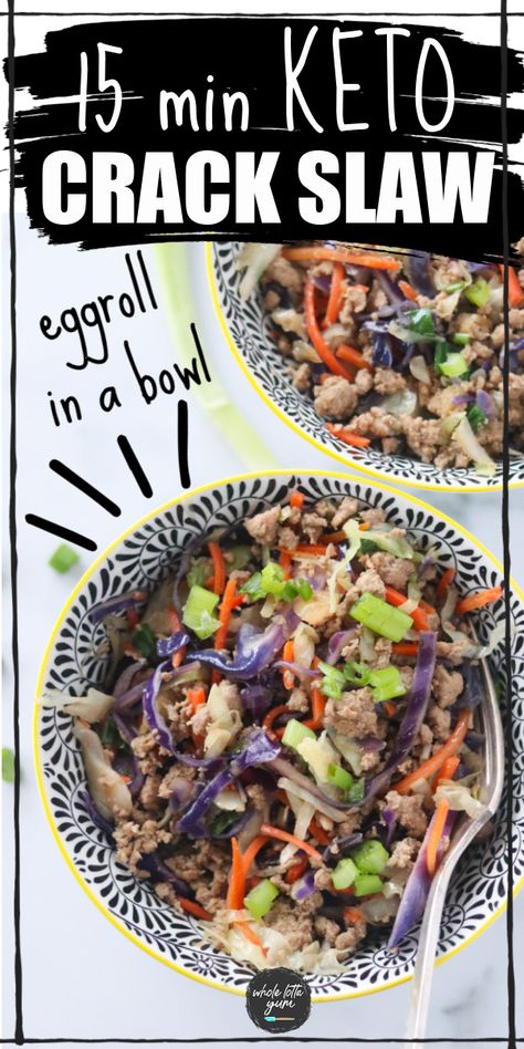 A 15 minute keto eggroll in a bowl recipe that's also known as keto crack slaw. The quick and easy one pan dinner with pork is also dairy free, low carb, gluten free and paleo. Keto Eggroll In A Bowl, Eggroll In A Bowl Recipe, Dinner With Pork, Keto Egg Roll, Easy One Pan Dinner, Dairy Free Low Carb, Eggroll In A Bowl, Slaw Recipe, One Pan Dinner