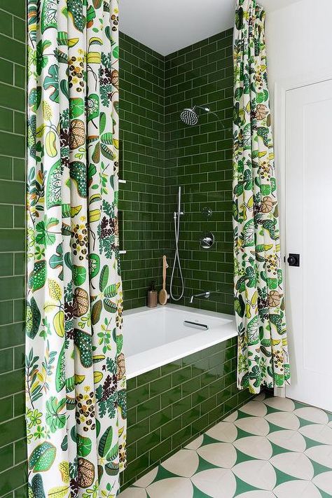 A green subway tiled drop-in bathtub is covered with 2 white and green shower curtains and fitted with a white quartz deck fixed against glossy green surround tiles. Tiled Bathtub, Bathtub Tile Surround, Green Tile Backsplash, Green Subway Tile, Bathtub Shower Combo, Green Tile Bathroom, Bathtub Surround, Built In Bathtub, Subway Tiles Bathroom