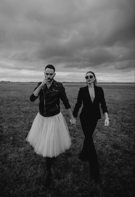 Avant Garde Couple Photoshoot, Duo Photoshoot Ideas Man And Woman, Band Photoshoot Ideas Outdoor, Men And Women Photoshoot Ideas, Male And Female Photoshoot, Vogue Couple Photoshoot, Singer Photoshoot Ideas, Couple Fashion Photography, Junkyard Photoshoot