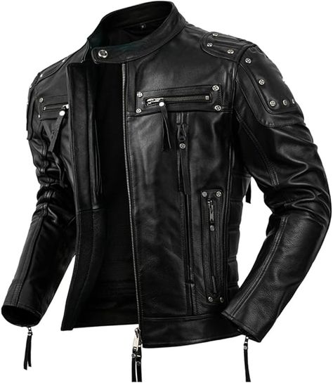 Genuine Cowhide Motorcycle Leather Jacket For Men, Slim Fit Zip-Up Design (Black, ONE) : Amazon.ca: Clothing, Shoes & Accessories Bike Outfits, Leather Biker Vest, Leather Jacket Men Style, Motorcycle Clothing, Biker Coat, Collar Leather Jacket, Riders Jacket, Motorcycle Outfit, Riding Outfit