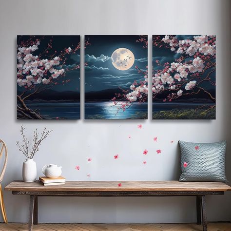 Canvas Painting 3 Piece, Bedroom Decor Artistic, Cherry Blossom Painting On Canvas, 3 Part Canvas Painting, Canvas Painting Ideas For Bedroom, 3 Canvas Painting Ideas Room Decor, Room Painting Ideas Bedroom Creativity, Set Of 3 Canvas Painting Ideas, 3 Set Paintings Wall Art