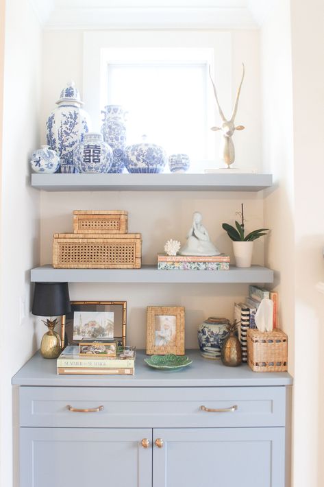 blue builtins - blue shelves - blue fireplace builtins - living room built-ins - junk drawer organization - how to organize your junk drawer - home organization Styled Built In Shelves, Blue Built Ins, Built In Shelf Decor, Junk Drawer Organizing, Blue Shelves, Bedroom Built Ins, Herringbone Wall, Living Room Built Ins, White Shelves