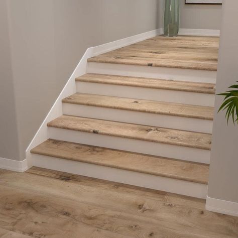 Luxury Vinyl Plank Flooring Stairs, Light Oak Vinyl Plank Flooring, Lvp Stairs, Stairwell Landing, Stairway Remodel, Vinyl Stair Treads, Stairs Makeover Design, Vinyl Stair Nosing, Stairs Makeover Ideas