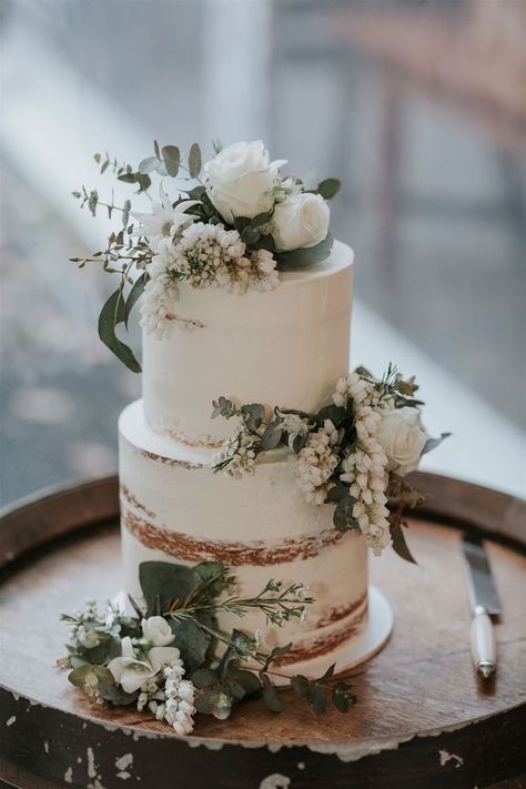 Wedding Cakes And Dessert Tables, 2 Tier Wedding Cake Greenery, Minimal Icing Wedding Cake, Wedding Cakes Greenery, Olive Wedding Cake, Sage And Cream Wedding Cake, Simple Wedding Cake Ideas 2 Tier, Sage Wedding Cake Ideas, Rustic Sage Green Wedding Cake