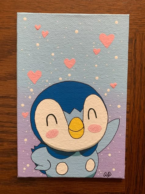 Cute Pokemon Paintings, Pokemon Canvas Painting Easy, Piplup Painting, Cute Character Paintings, Cute Animal Canvas Paintings, Big Easy Painting Ideas, Canvas Asthetic Paintings Easy, Disney Themed Paintings, Painting Ideas Asthetics