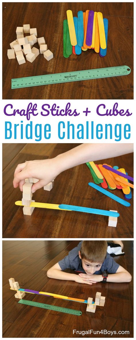 Bridge Building STEM Challenge:  Build the longest possible bridge with craft sticks and wooden cubes.