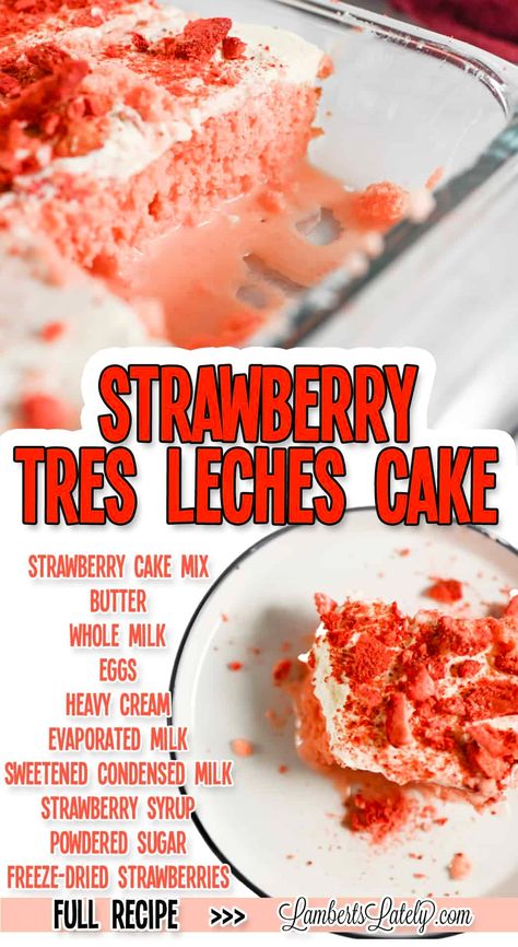 Strawberry Tres Leches Cake features a rich strawberry cake soaked in three different kinds of strawberry-flavored milk and covered with whipped cream and crunchy freeze-dried strawberries. Strawberry Tres Leches Cake, Pumpkin Tres Leches Cake, Strawberry Tres Leches, Chocolate Tres Leches Cake, Berry Cobbler Recipes, Tres Leches Cake Recipe, Leches Cake, Crunch Cake, Tres Leches Cake