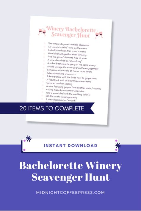 Bachelorette Bar Crawl, Bar Crawl Scavenger Hunt, Winery Bachelorette, Winery Logo, Bachelorette Scavenger Hunt, Bachelorette Game, Dessert Items, Group Party, Letter Find