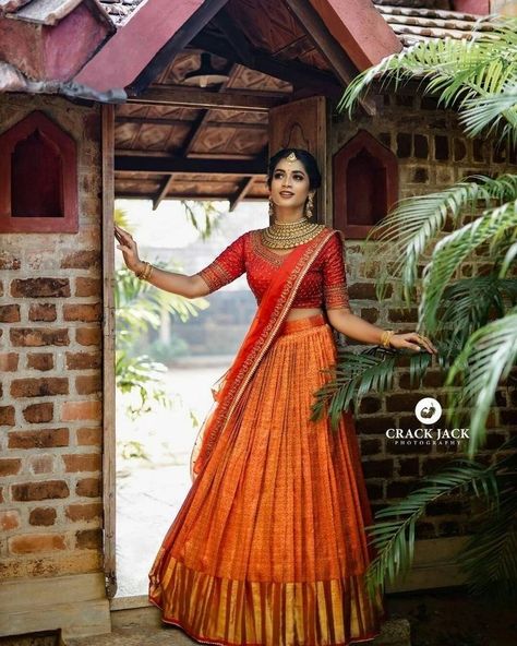 Kanjeevaram Half Saree Lehenga, New Trend Lehenga Designs, Kanjeevaram Lehenga, South Indian Lehenga, Onam Outfits, Lehenga Saree Design, Long Gown Design, Indian Outfits Lehenga, Half Saree Lehenga