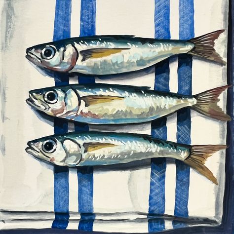 Three Sardines 🐟 Daily Painting Just posted in my online store (KateBirchArt.com) Link in bio! Gouache on paper Paper size 6x6 inches with small white border $125 *** please note for international orders a customs tax may be required upon delivery *** #gouachepainting #stilllifepainting #artistsoninstagram #painteveryday #colorfulart #gouache #dailypainting #dailyart #utahartist #makearteveryday #gouacheartist #art #painting #illustration #illustrationartist #artofinstagram Sardine Aesthetic, Gouache Art Ideas, Sardine Illustration, Sardines Painting, Sardine Painting, Sardine Print, Sardines Illustration, Sardine Art, Sardines Art