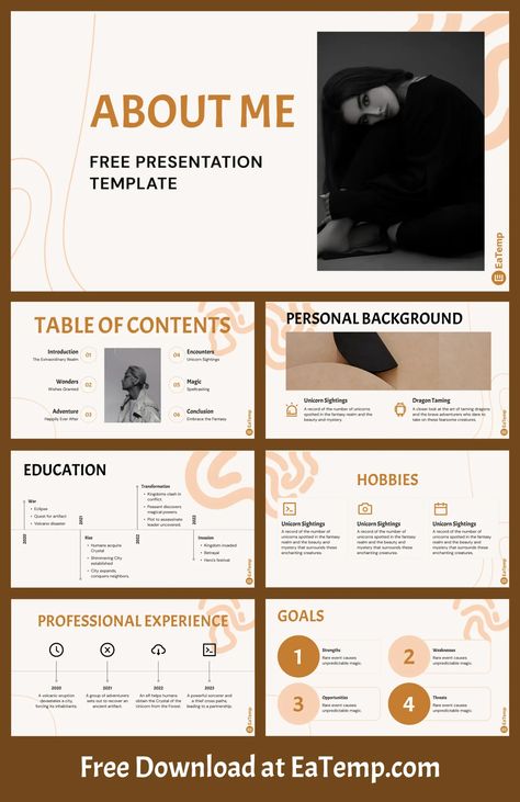 About Me PowerPoint Template - Free PowerPoint Templates, Google Slides, Figma Deck And Re… | Powerpoint templates, Powerpoint template free, Infographic powerpoint Pretty Presentation Slides, About Me Presentation, Presentation About Myself, Branding Powerpoint, Slides Aesthetic, Bio Template, Name Tag Templates, About Me Template, Ppt Template Design