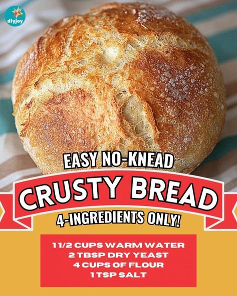 4-Ingredient No-Knead Bread Recipe Making Bread At Home, Easy No Knead Bread, No Knead Bread Recipe, Crusty Bread Recipe, Crock Pot Bread, Yeast Free Breads, Diy Joy, Knead Bread Recipe, Bread At Home