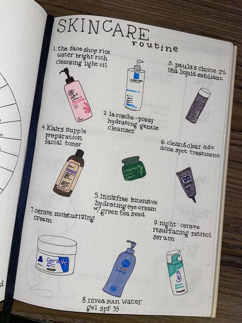 skincare routine drawing Skincare Notes Aesthetic, Skincare Journal Ideas, Skincare Tracker Bullet Journal, Skincare Doodles, Esthetician Curriculum, Journal Ideas Skincare, Routine Drawing, Skin Care Tracker, Routine Bullet Journal