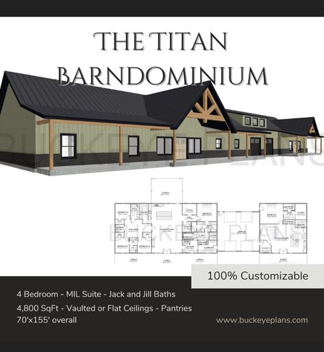 Buckeye Plans - BARNDOMINIUM with a MIL Suite!... Barndominium With Foyer, Mini Barndominium Floor Plans, Fox Trot House Plans, Barndominium House Plans, Mother In Law Suite, Barndo Ideas, Multigenerational House Plans, Multigenerational House, Inlaw Suite