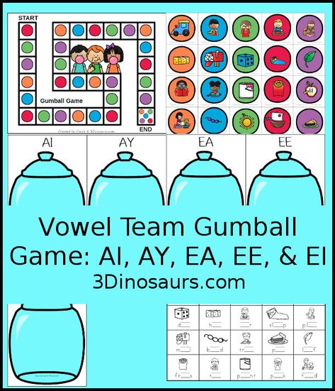 Free Candy Jar Vowel Team Game: AI, AY, EA, EE, & EI - with gameboard, gumball cards with vowel team word pictures, vowel team sorting mats and vowel team recording worksheet to go with sorting and game. - 3Dinosaurs.com Oa Words, Team Games For Kids, Vowel Teams Activities, Vowel Teams Worksheets, Ee Words, Vowel Team Words, Ea Words, Team Word, Reading Printables