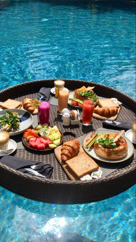 Brunch By The Pool, Pool And Drinks Aesthetic, Food In Pool Aesthetic, Dubai Pool Aesthetic, Summer Vacation Aesthetic Food, Floating Breakfast In Bali, Ham Pasta, Nba Artwork, Cute Wallpapers Quotes