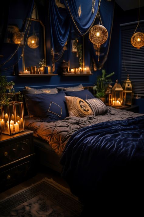 Compact Dark Boho Bedroom with a Navy Blue & Gold Color Scheme, featuring Antique Mirrors, Patterned Rugs, and Gold Accents, creating a luxurious and intimate atmosphere. Dark Blue Bedroom Paint, Dark Blue Bedroom Ideas, Bedroom Renovation Ideas, Bedroom Ideas Blue, Bedroom Decor Blue, Blue Bedroom Paint, Bronze Bedroom, Dark Blue Rooms, Dark Boho Bedroom