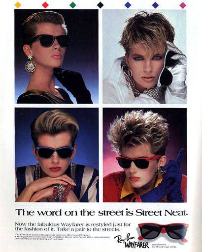 Ray-Ban Wayfarers have always been and will always be in-style. The Max Headroom haircut on a woman? Less reliably so. (August)   - ELLE.com 80 S Hairstyles, Hairstyles Vintage, Hair Clips 90s, 80s Sunglasses, Styles Clothing, Ray Ban Sunglasses Wayfarer, Ray Ban Wayfarer, Vintage Swimwear, Blonde Guys