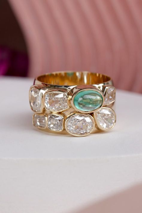 Marrow Fine Jewelry, Marrow Fine, Fine Jewelry Rings, Emerald Cabochon, Unique Engagement, Diamond Band, Jewelry Inspo, Dream Jewelry, Magpie