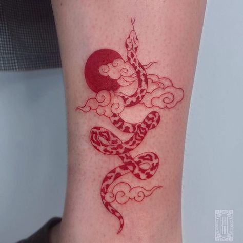 Chinese Year Of The Snake Tattoo, Red Jaguar Tattoo, Red Leg Tattoos Women, Red Tattoo Snake, Snake Red Tattoo, Red Ink Snake Tattoo, Chinese Snake Tattoo, Dark Red Tattoo, Snake Ankle Tattoo