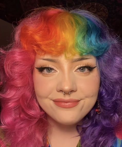 Clowncore Hairstyles, Rainbow Mullet, Hair Rainbow Color, Rainbow Bangs, Rainbow Hair Color Ideas, Wig Ideas, Rainbow Hair Color, Mabel Pines, Hair Reference