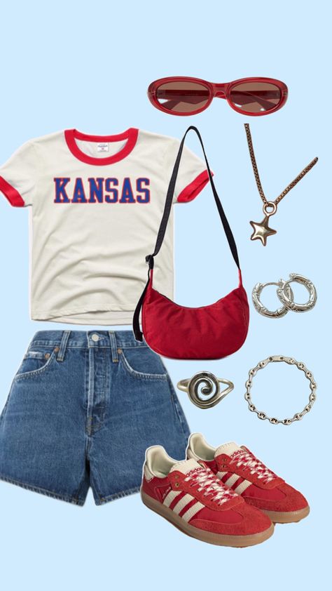 university of kansas, game day fit, red, sambas, baggu Ku Gameday Outfit, Ku Game Day Outfits, Red Sambas, College Clothes, Rock Chalk, University Of Kansas, Day Outfits, Gameday Outfit, Summer Fits