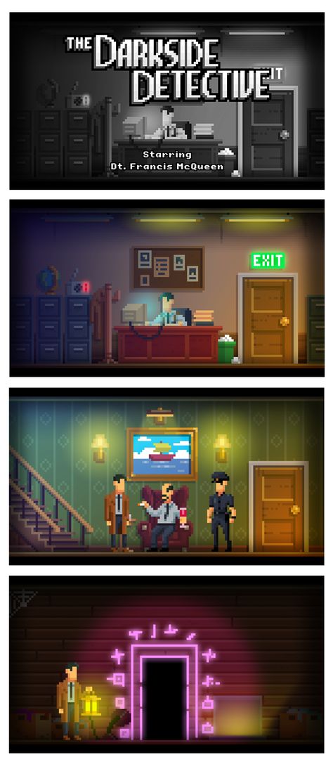 Pixel Art Comic, Pixel Art Frame, Pixel Art Illustration, Darkside Detective, Dark Pixel Art, Pixel Game Art, Pixel Art Styles, Pixel Art Gif, How To Pixel Art