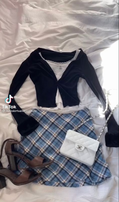 Blue Plaid Skirt Outfit, Blue Skirt Outfits, Old Money Aesthetic Outfit, Blue Plaid Skirt, Plaid Skirt Outfit, White Camisole, Money Aesthetic, Old Money Aesthetic, Skirt Outfit