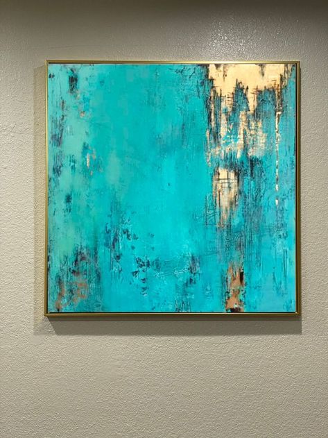 Terquise Art, Abstract Acrylic Painting Inspiration, Abstract Turquoise Painting, Wall Hangings For Living Room, Abstract Teal Painting, Blue Abstract Painting Acrylic, Abstract Gold Leaf Painting, Blue And Gold Painting, Abstract Painting With Gold