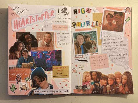 Movie Journaling Ideas, Tv Show Scrapbook Ideas, Heartstopper Journal Page, Reading Journal Collage, Scrapbook Inspiration Aesthetic, Heartstopper Art Ideas, Movie Scrapbook Ideas, Film Journal Cover, Film Journal Aesthetic