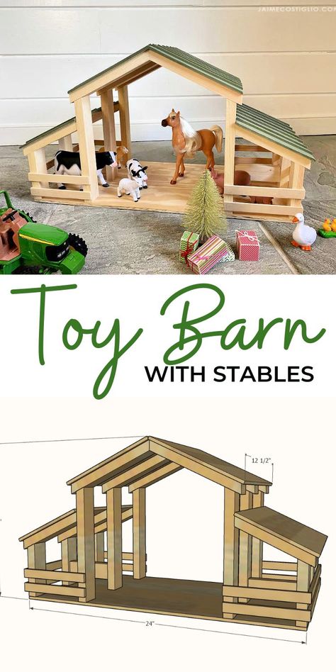 Diy Horse Stable Toy, Diy Toy Barn For Kids, Toy Barn Diy Wooden, Diy Toy Horse Stable, Diy Manger, Diy Wooden Toys, Diy Wooden Toys Plans, Wooden Toy Barn, Farmhouse Toys