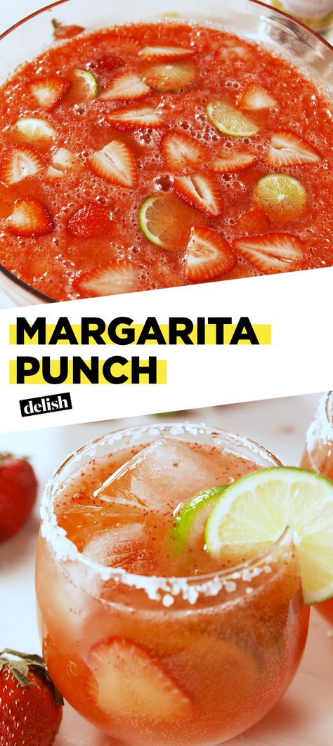 Margarita Punch will make you SO excited for summer. Get the recipe at Delish.com. #recipe #easyrecipe #easy #booze #boozy #cocktail #margarita #stawberries #punch #tequila #summer #cocktailrecipe #lime Margarita Punch Bowl Recipe, Mexican Punch, Margarita Punch Recipe, Margarita Punch, Cocktail Margarita, Alcoholic Punch Recipes, Excited For Summer, Easy Margarita, Alcoholic Punch