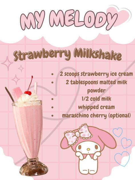 Pink Milkshake Recipe, Hello Kitty Starbucks Drink Recipe, My Melody Snacks, Strawberry Ice Cream Milkshake, My Melody Starbucks Drink, My Melody Dessert, Sanrio Milkshake, Kawaii Drink Recipes, Cute Diet Plan Sanrio