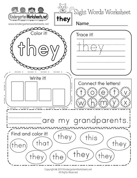 Sight Word (they) Worksheet - Free Kindergarten English Worksheet for Kids Sight Word Worksheets Free, Sight Word Worksheet, Kindergarten Sight Words List, Free Kindergarten Printables, Basic Sight Words, Kindergarten Phonics Worksheets, Sight Word Sentences, English Worksheets For Kindergarten, Sight Words Printables