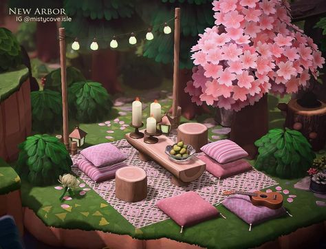 Acnh Island Designs Simple, Acnh Date Spot, Acnh Small Area Ideas, Acnh Build Ideas, Cottagecore Animal Crossing, Pink Island, Animal Crossing 3ds, Ac New Leaf, Forest Core