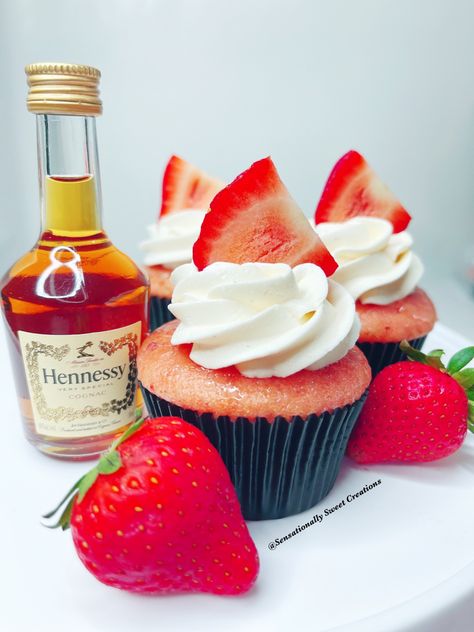 Hennessy infused strawberry cupcakes Hennessy Desserts, Hennessy Cupcakes Recipe, Alcohol Infused Desserts, Alcohol Cupcakes Recipes, Hennessy Cupcakes, Infused Cupcakes Recipes, Booze Cupcakes, Liquor Infused Cupcakes, Alcohol Cupcakes