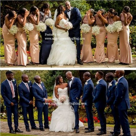 Rose Gold Wedding Party, Wedding Rose Gold Theme, Rose Gold Theme, Rose Gold Dress, Blue Themed Wedding, Navy Blue Wedding, Bridesmaids And Groomsmen, Navy Wedding, Nigerian Wedding