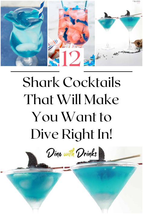 Collage of 4 shark cocktails. Shark Ideas For Party, Jaws Themed Cocktail, Shark Drinks Alcohol, Diving Theme Party, Shark Themed Cocktails, Shark Themed Drinks, Shark Week Drinks Alcohol, Shark Week Meals, Sea Themed Cocktails