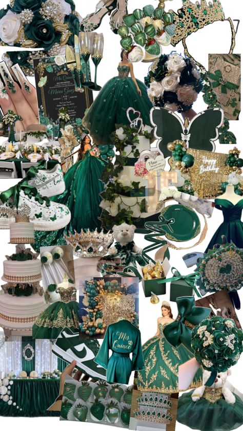 Quinceanera List Of Things, Quinceanera Chambelanes Outfits, Quinceanera Chambelanes, Emerald Green Quinceanera Theme, Quinceanera Flowers, Enchanted Forest Quinceanera Theme, Green Quinceanera Theme, Princess Tiana Birthday Party, Princess Sweet 16