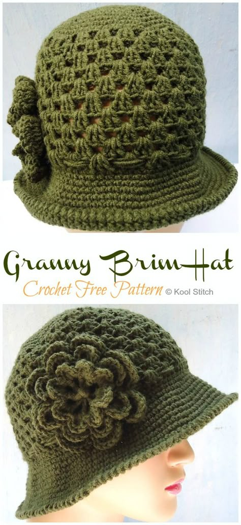 Granny Brim Hat Crochet Free Pattern - Women/Girls #Sunhat; Free #Crochet; Patterns Sun Hat Crochet, Crochet Hat With Brim, Easy Crochet Hat, Crochet Sun Hat, Hat Patterns Free, Crocheted Hat, Crochet Hat Free, Mode Crochet, Crochet Beanie Hat